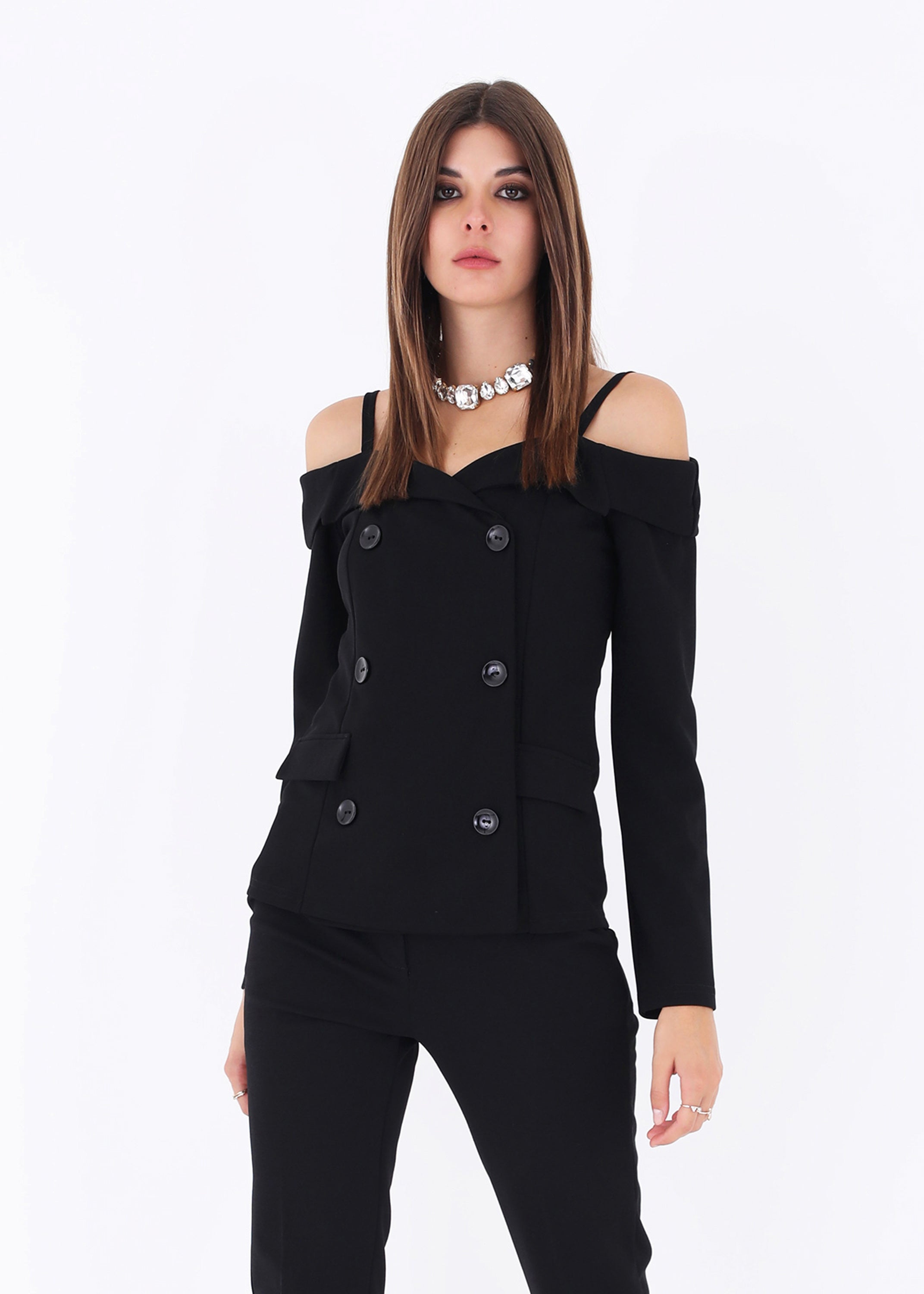 Blazer doppio petto in scuba crepe con spalle scoperte - FW23