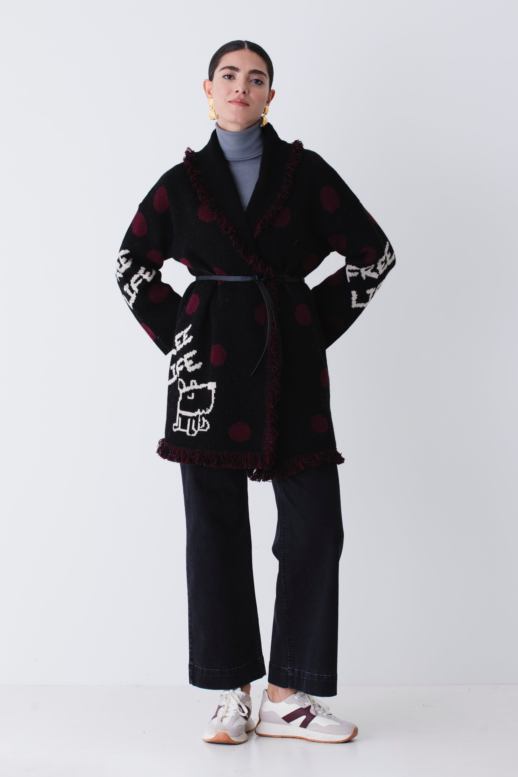 Cardigan lungo in misto lana con pois e scritte - FW26