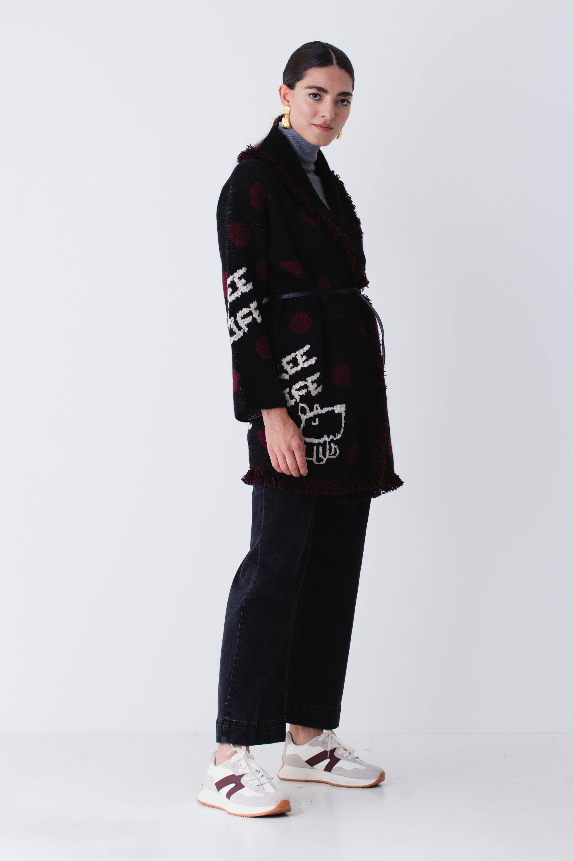 Cardigan lungo in misto lana con pois e scritte - FW26