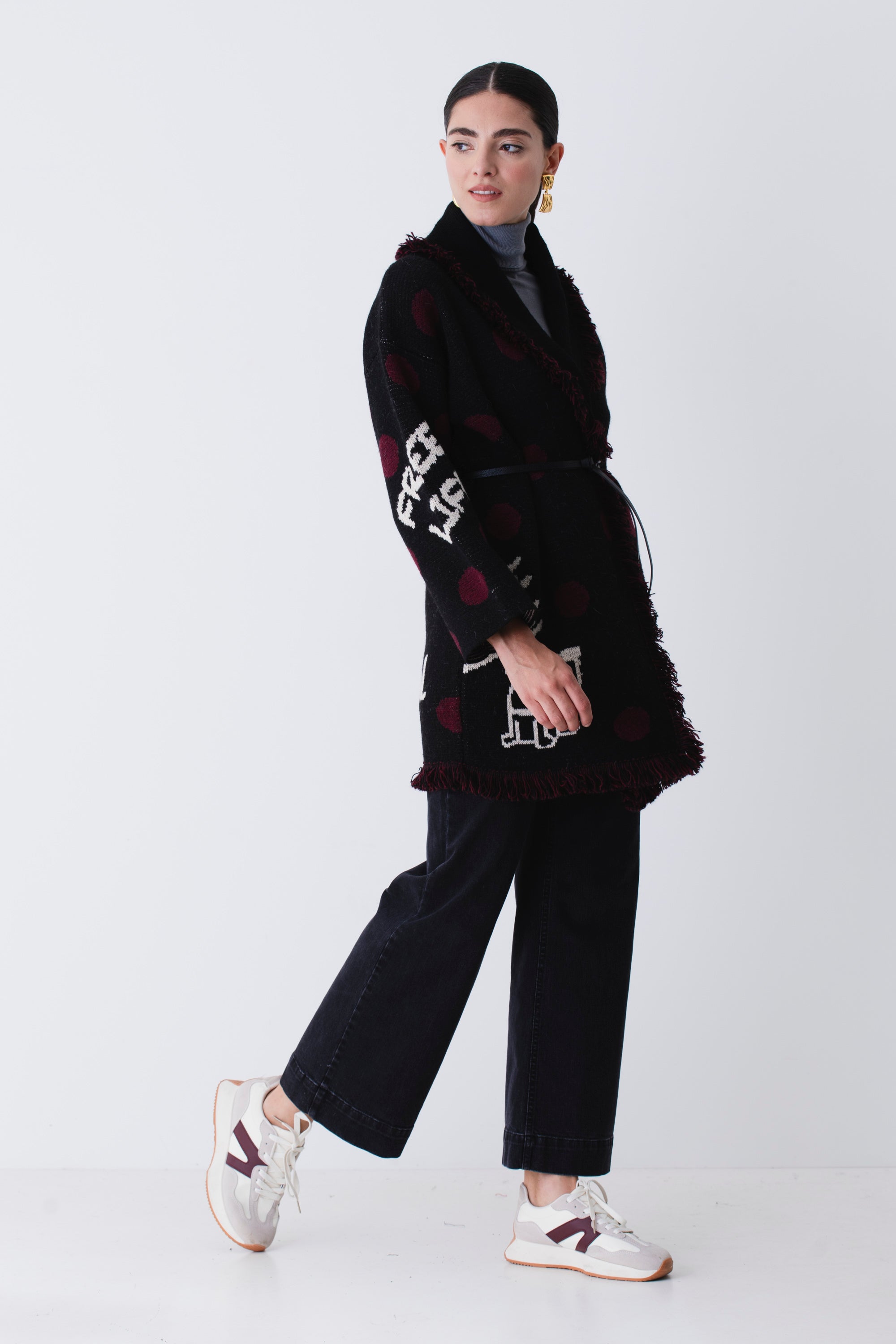 Cardigan lungo in misto lana con pois e scritte - FW26