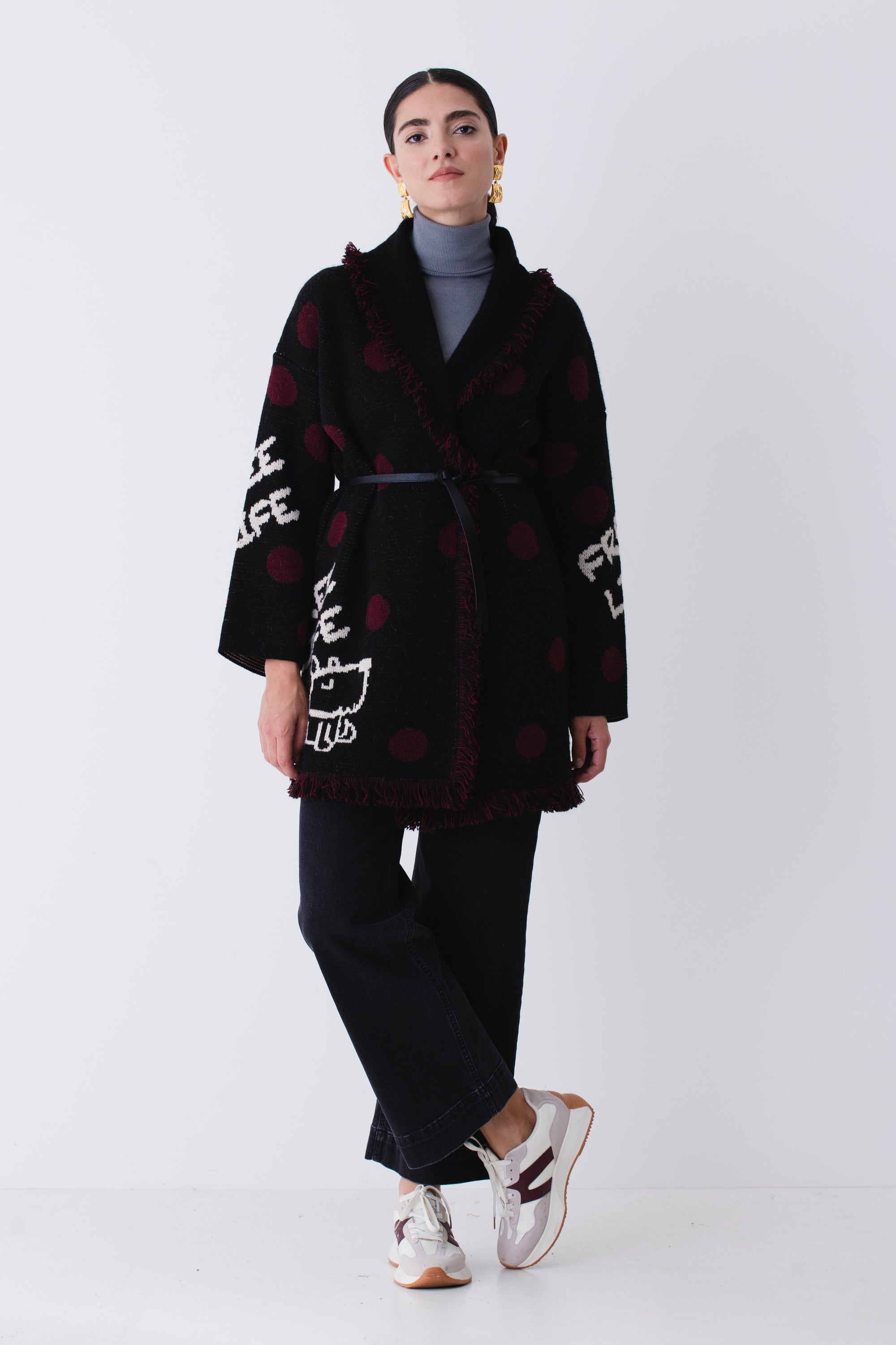 Cardigan lungo in misto lana con pois e scritte - FW26