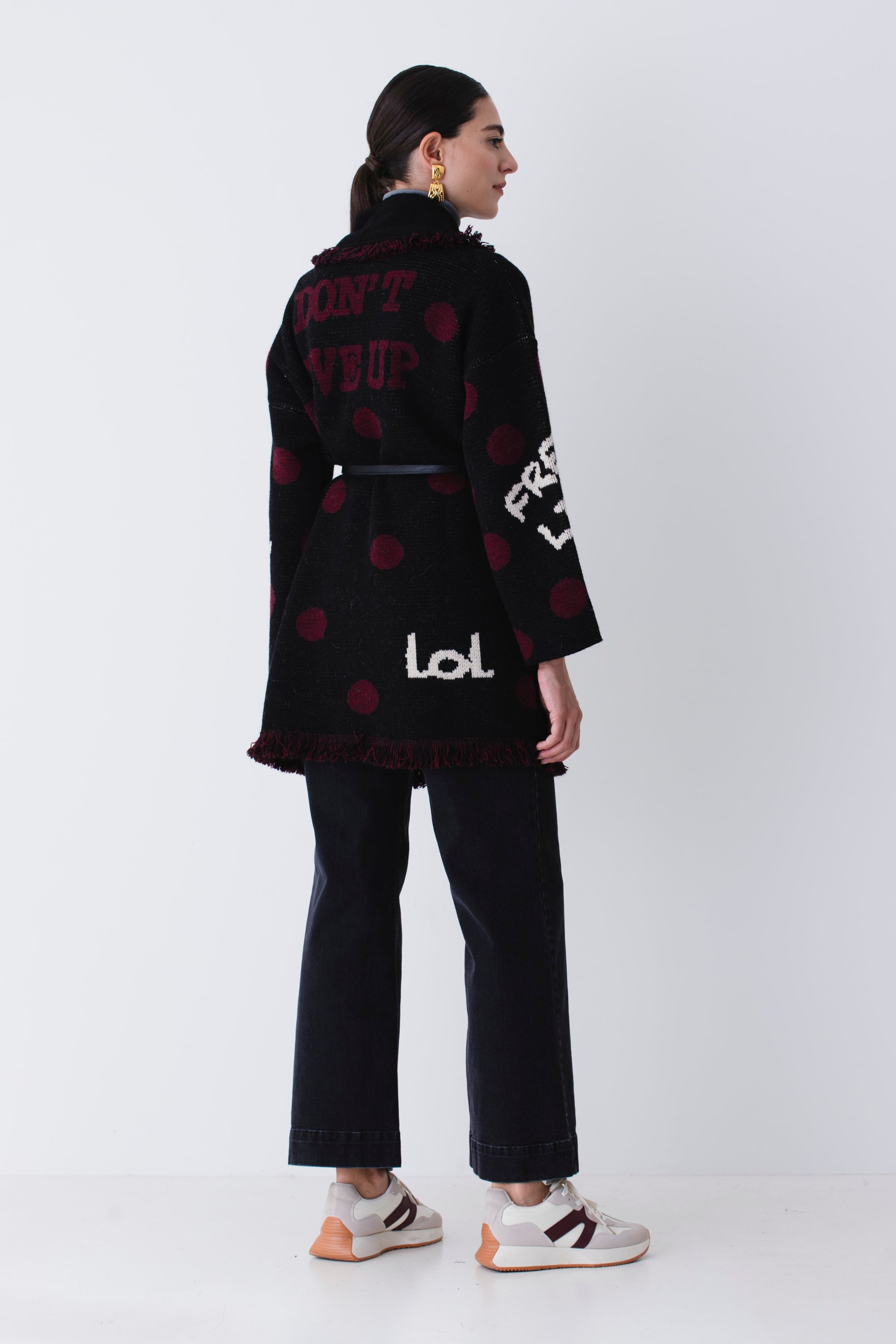 Cardigan lungo in misto lana con pois e scritte - FW26