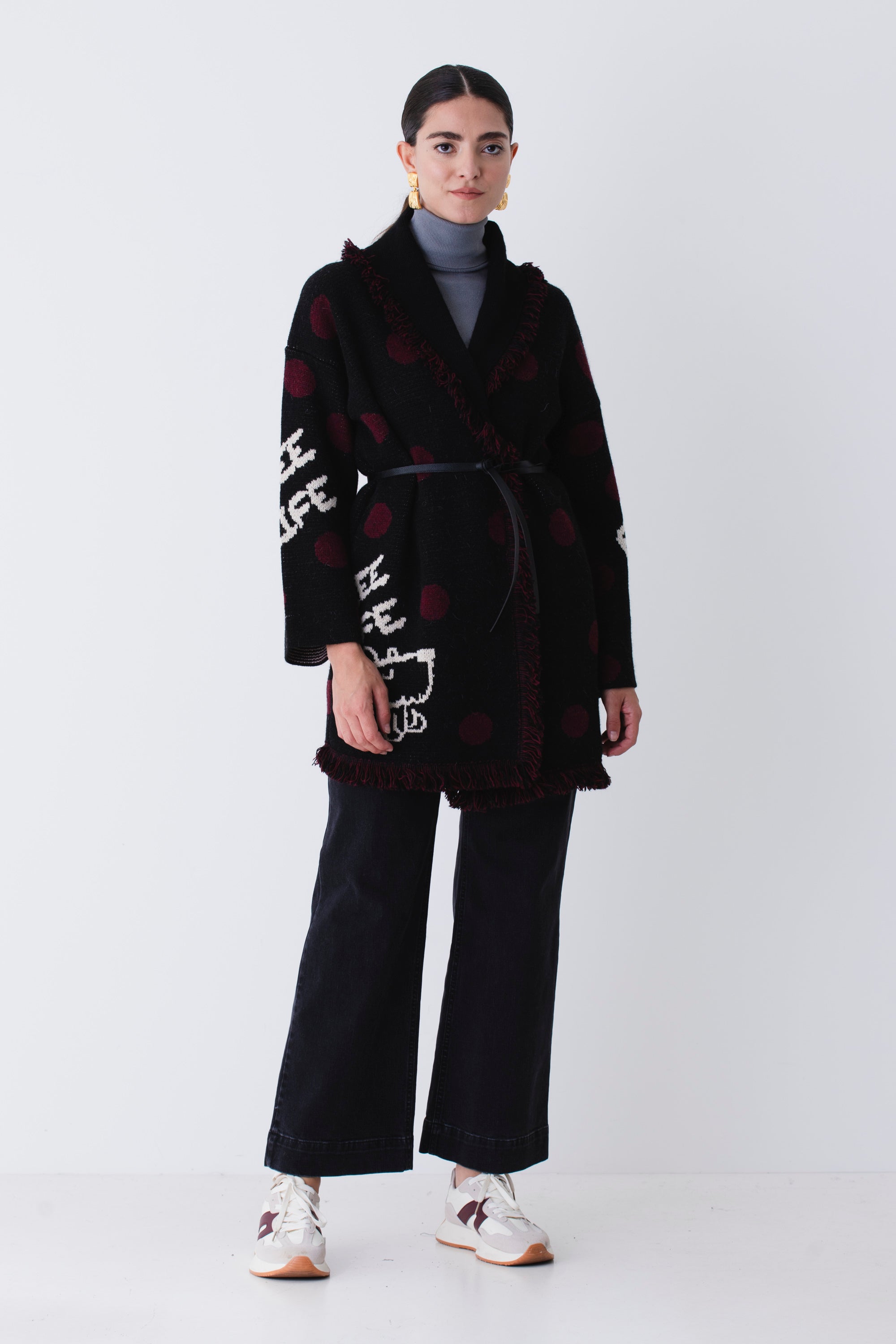 Cardigan lungo in misto lana con pois e scritte - FW26