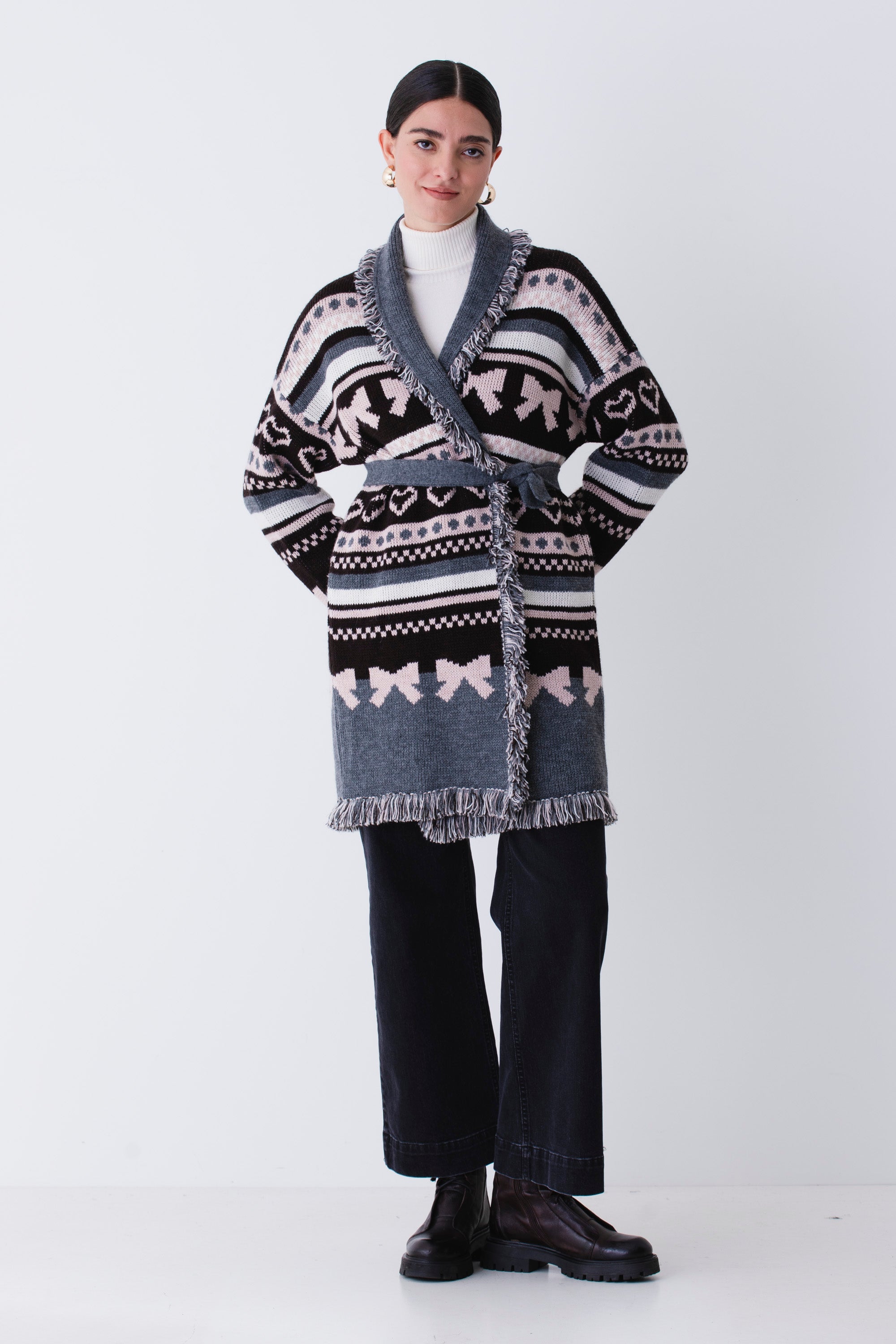 Cardigan lungo in misto lana con cuori e fiocchi - FW26