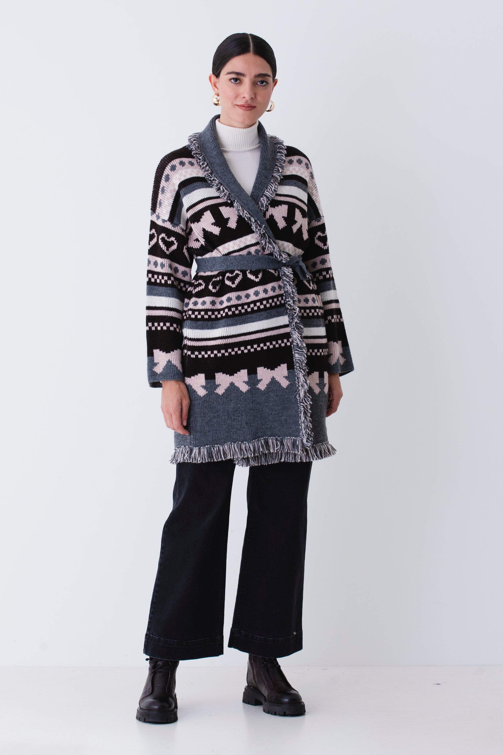 Cardigan lungo in misto lana con cuori e fiocchi - FW26
