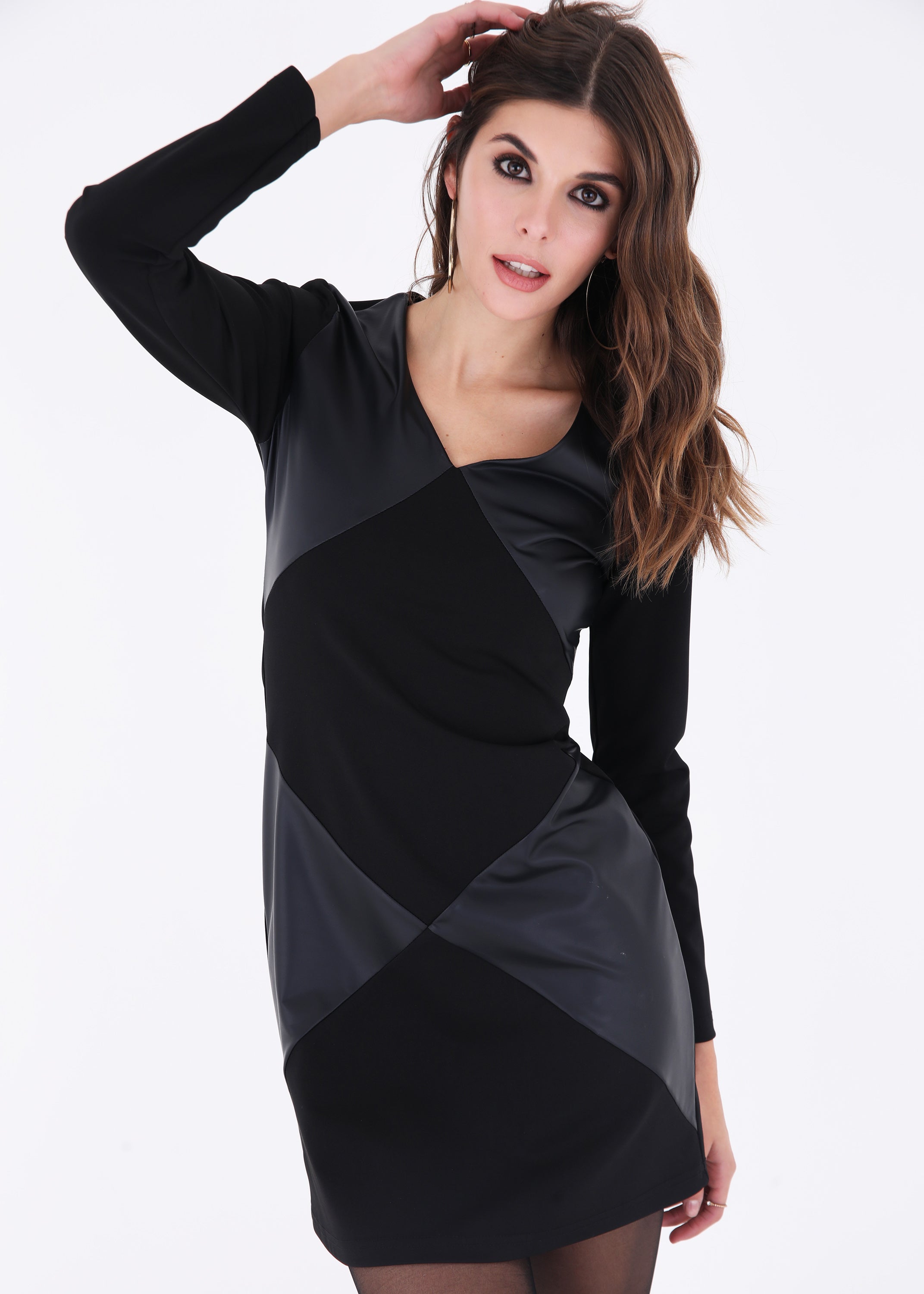 Abito corto con inserti ecopelle - FW23