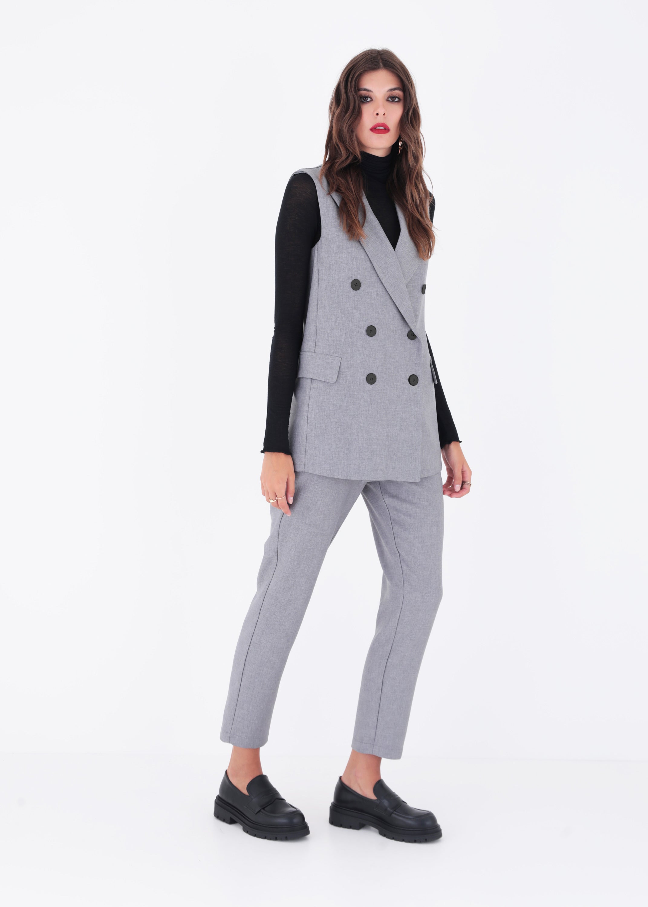 Gilet lungo doppio petto in tessuto effetto melange - FW23