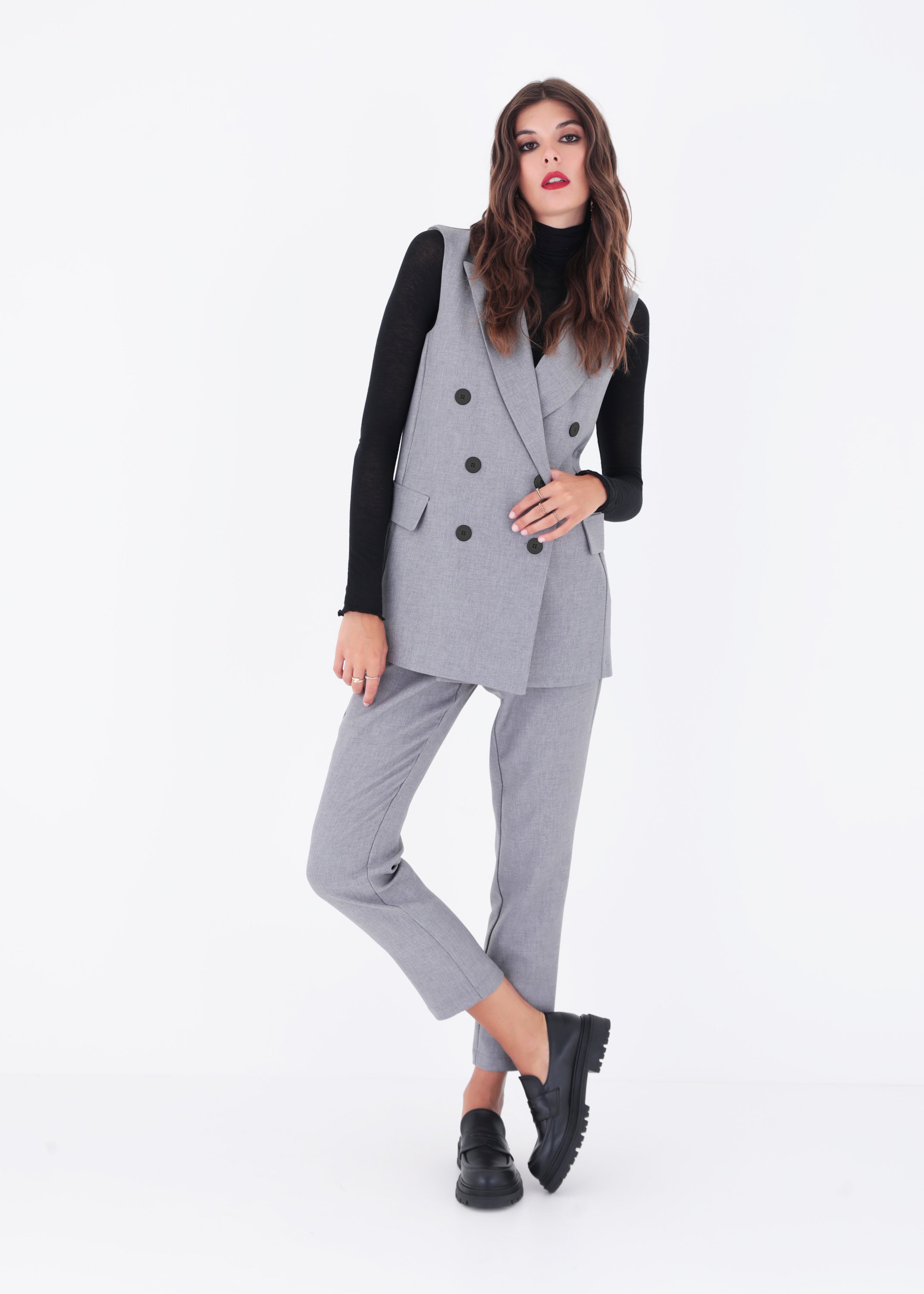 Gilet lungo doppio petto in tessuto effetto melange - FW23