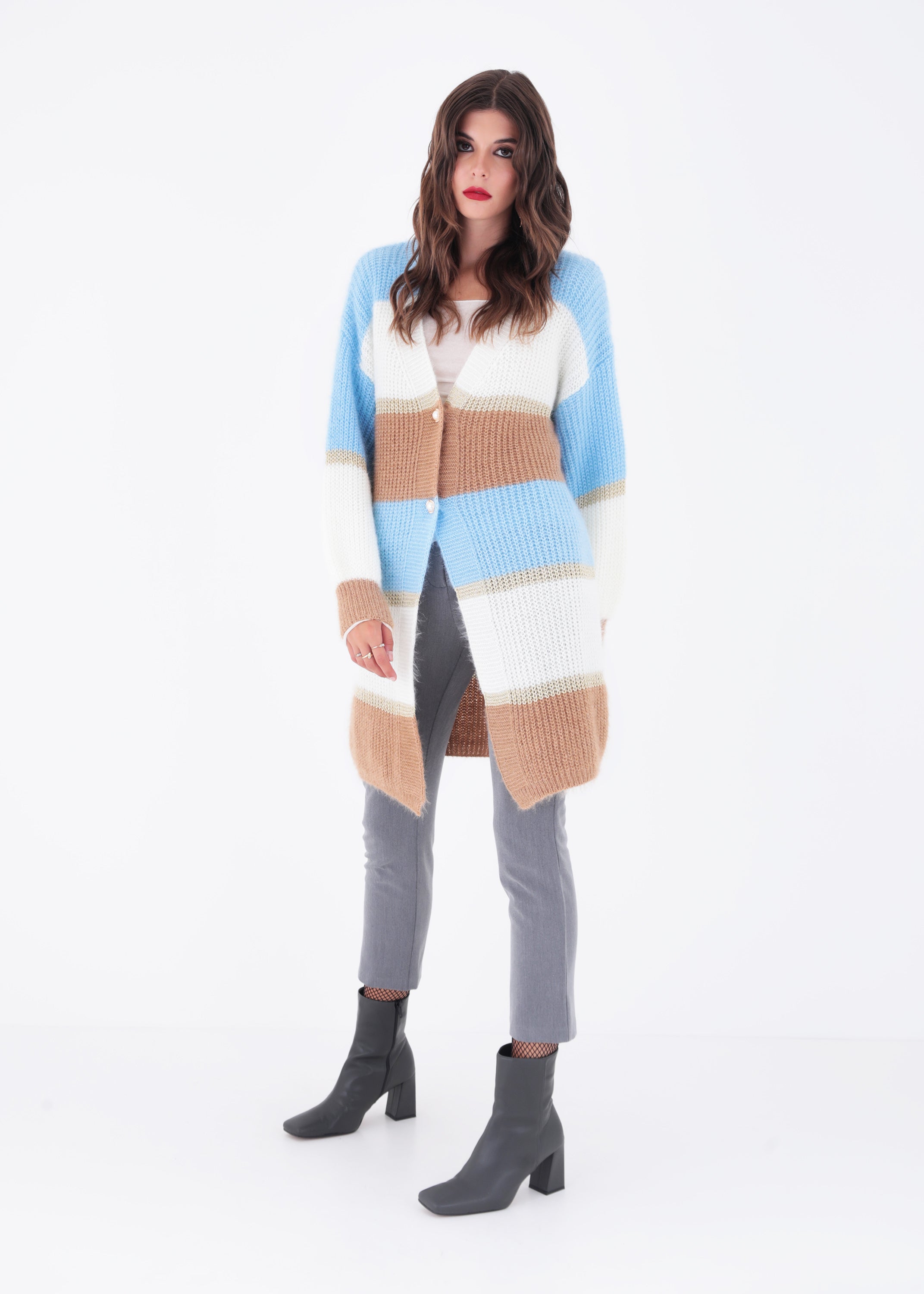 Cardigan in maglia effetto mohair a righe con bottoni gioiello - FW23
