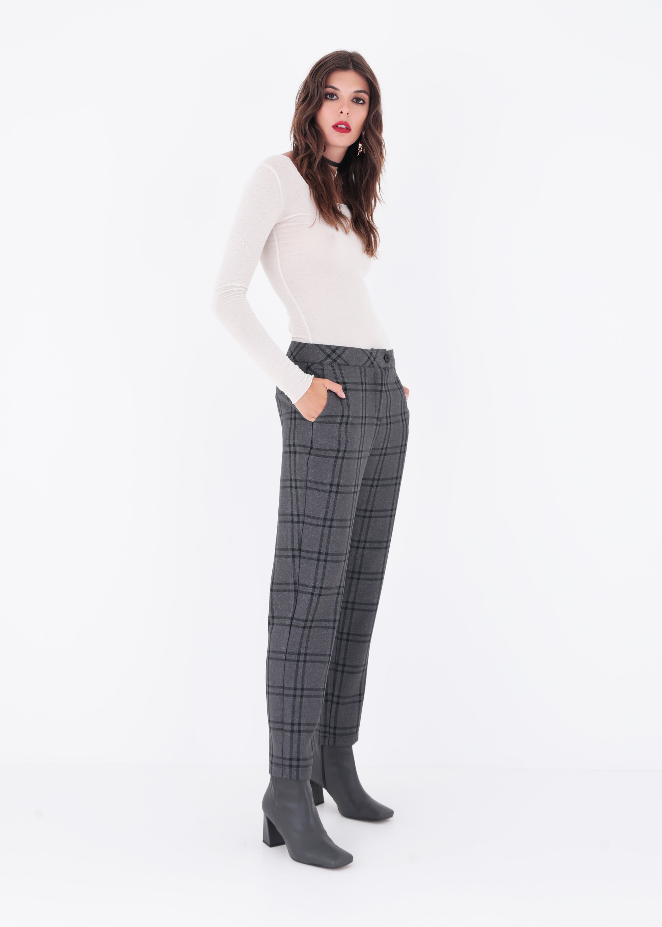 Pantalone dritto in tessuto a quadri con pattina - FW23