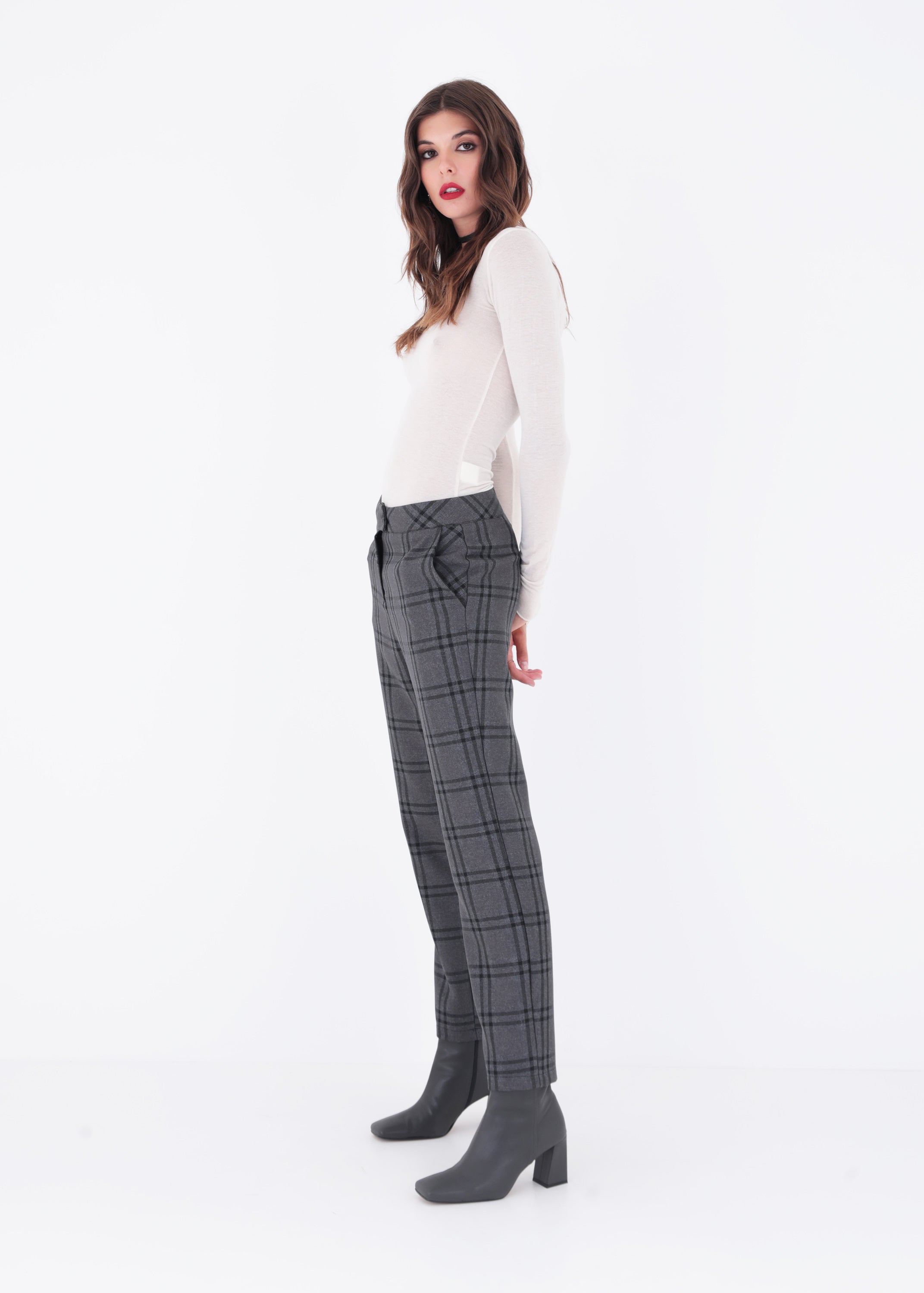 Pantalone dritto in tessuto a quadri con pattina - FW23
