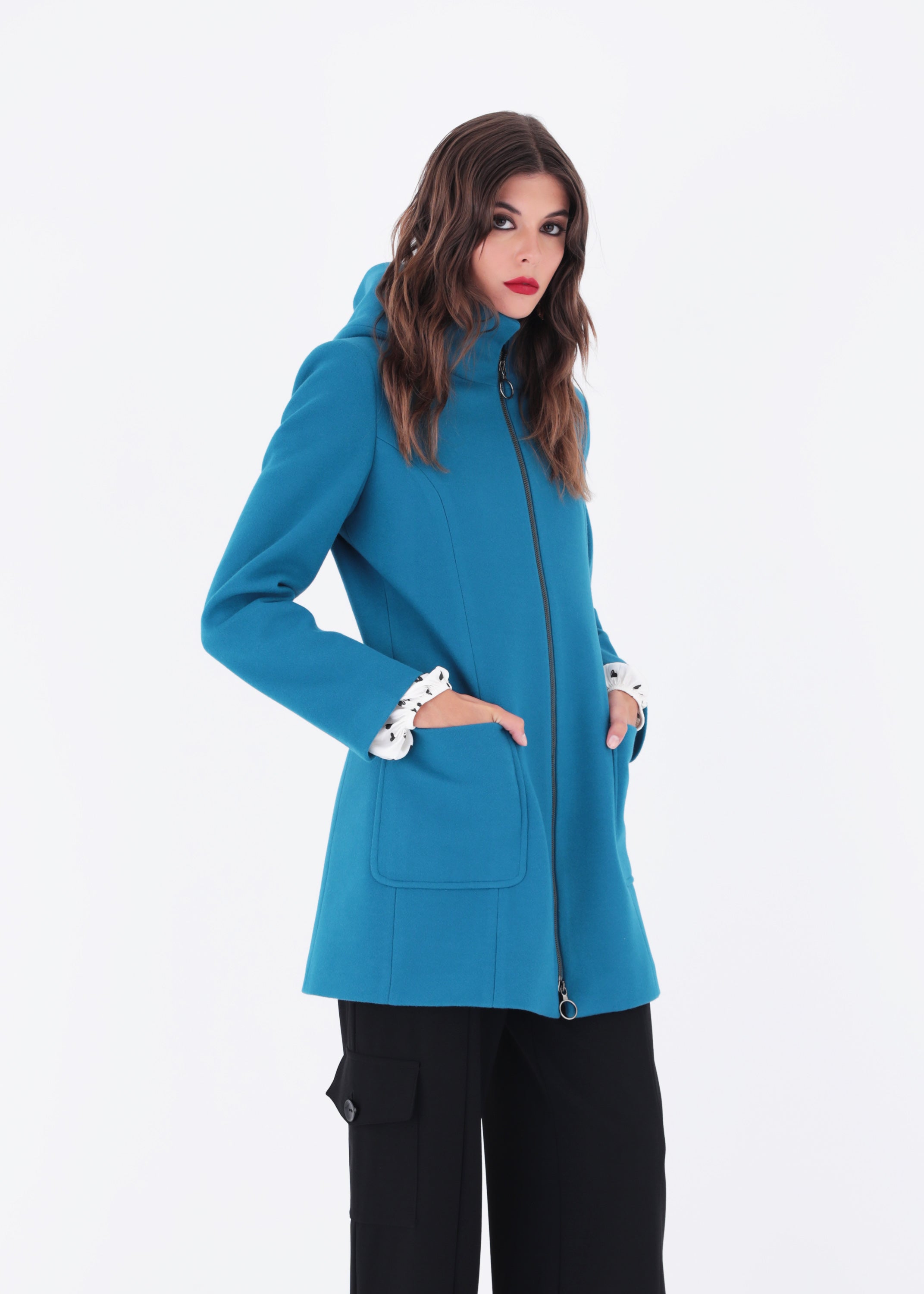 Cappotto con cerniera e cappuccio in misto lana - FW23