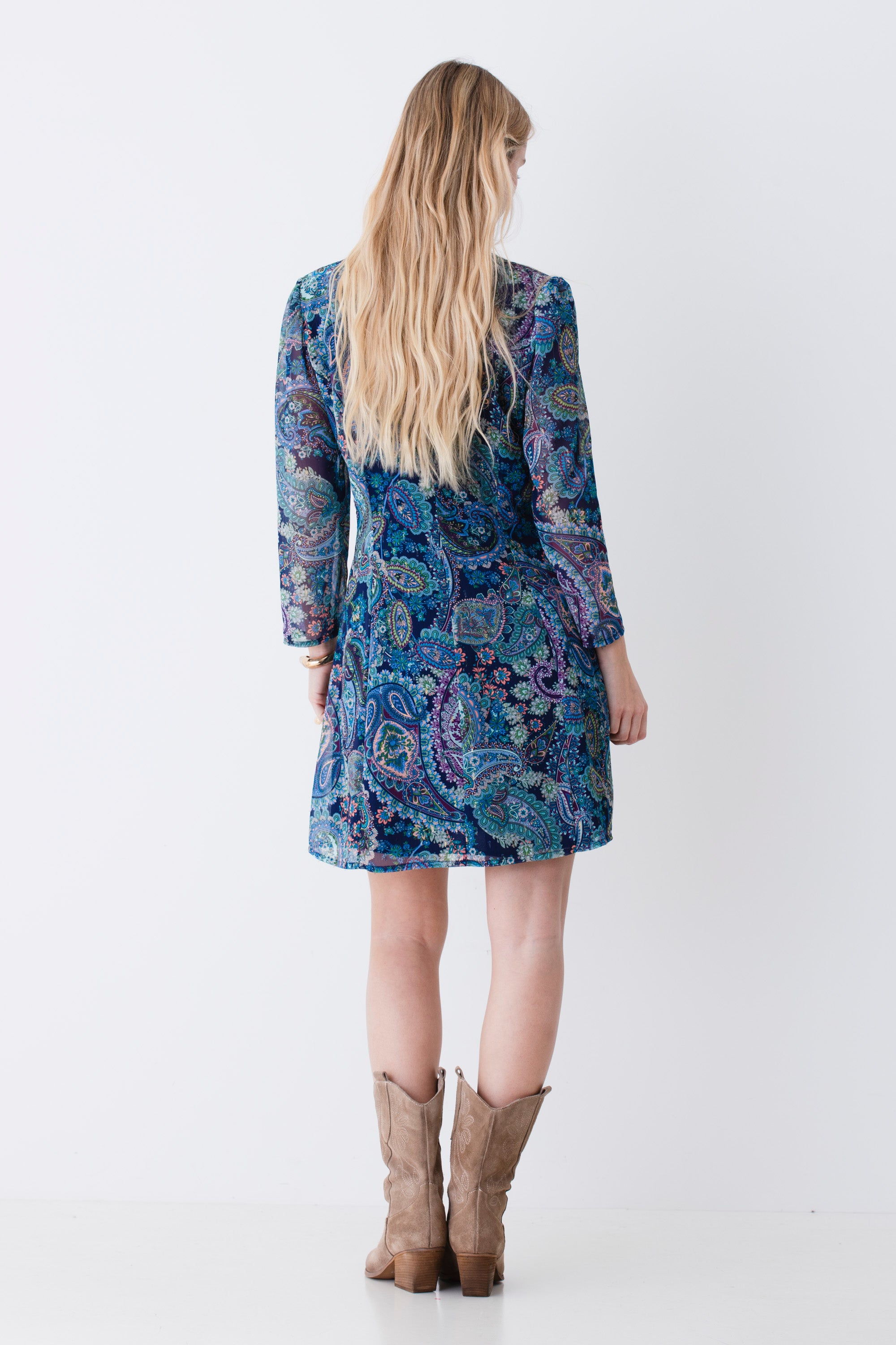 Abito corto con fiocco in georgette fantasia cachemire - PE26