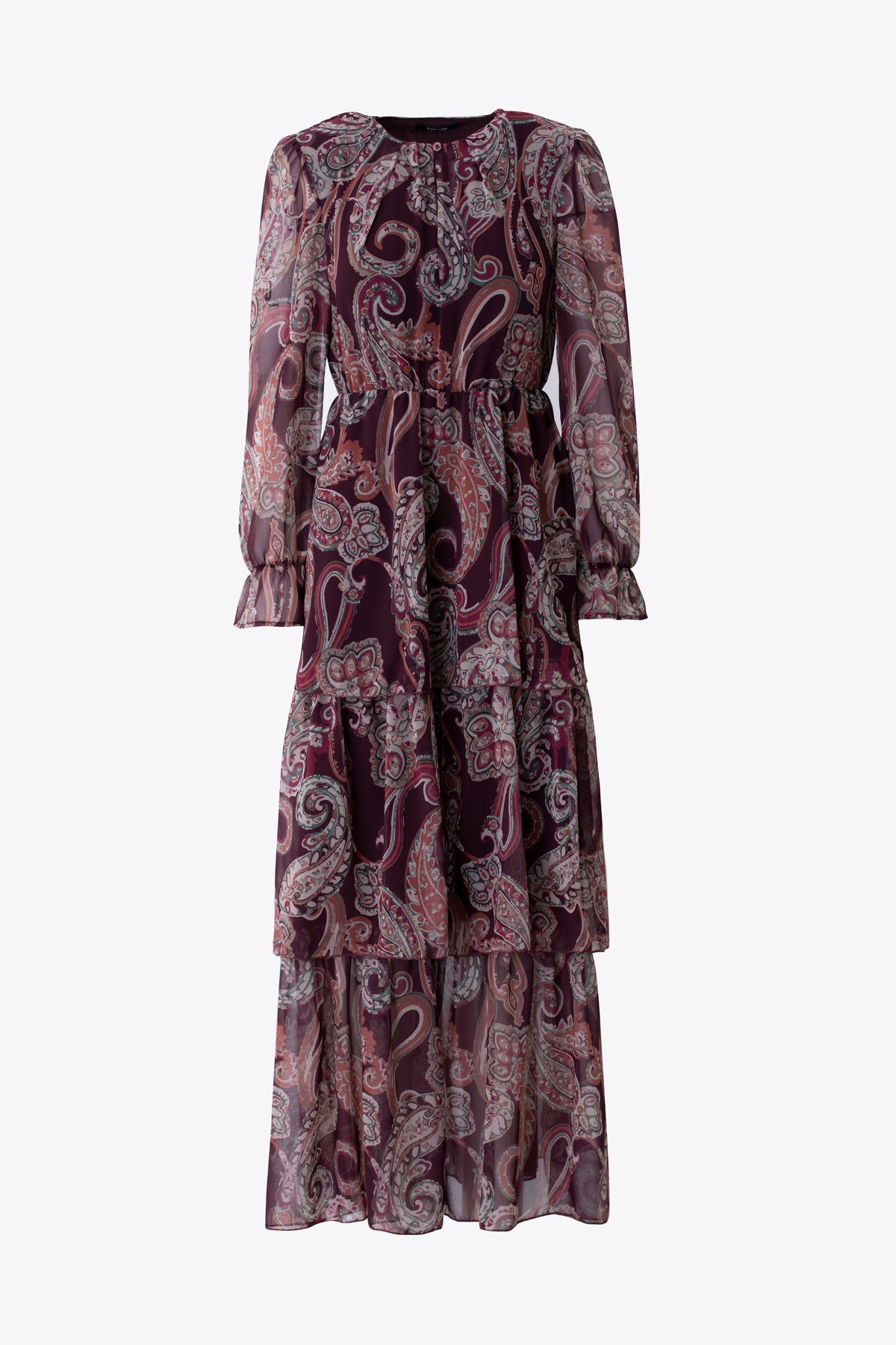 Abito lungo con balze in georgette fantasia cachemire - FW27