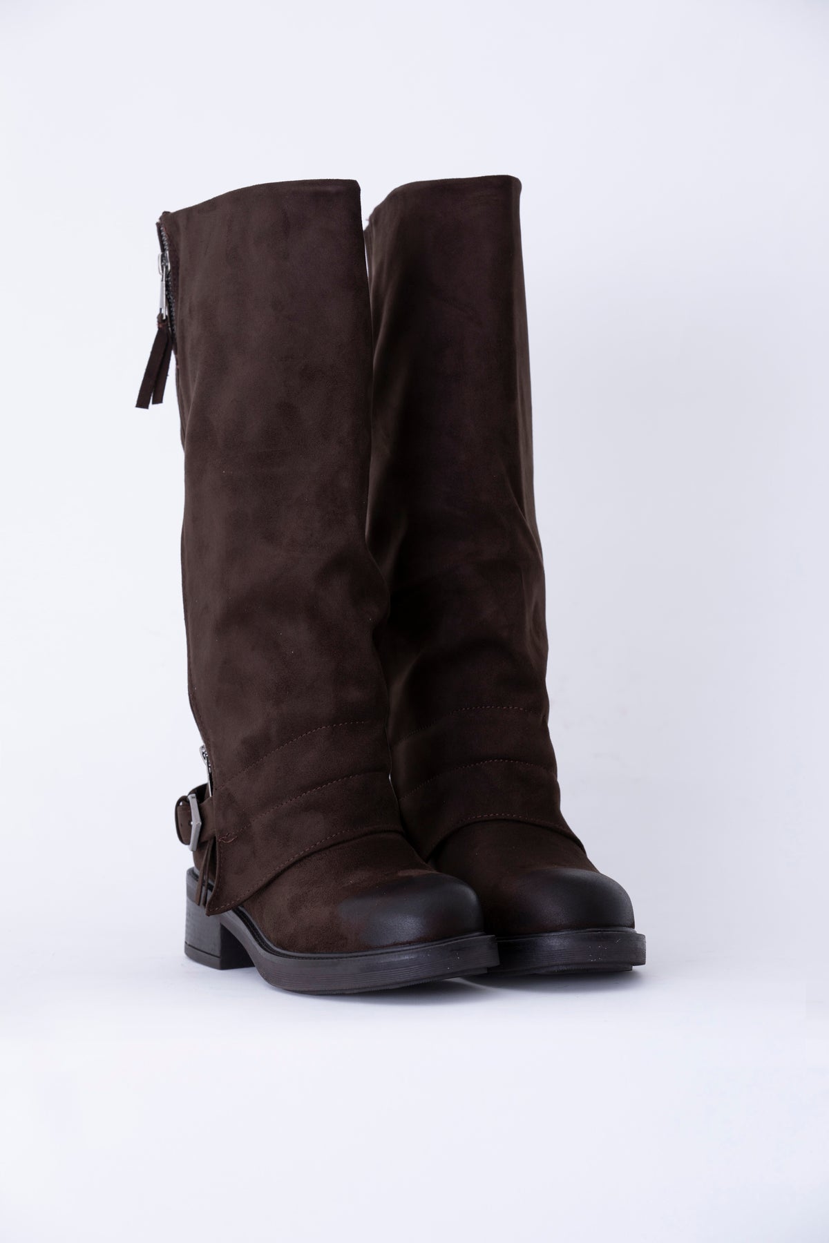Stivale alto con risvolto e fibbie in effetto pelle - FW27