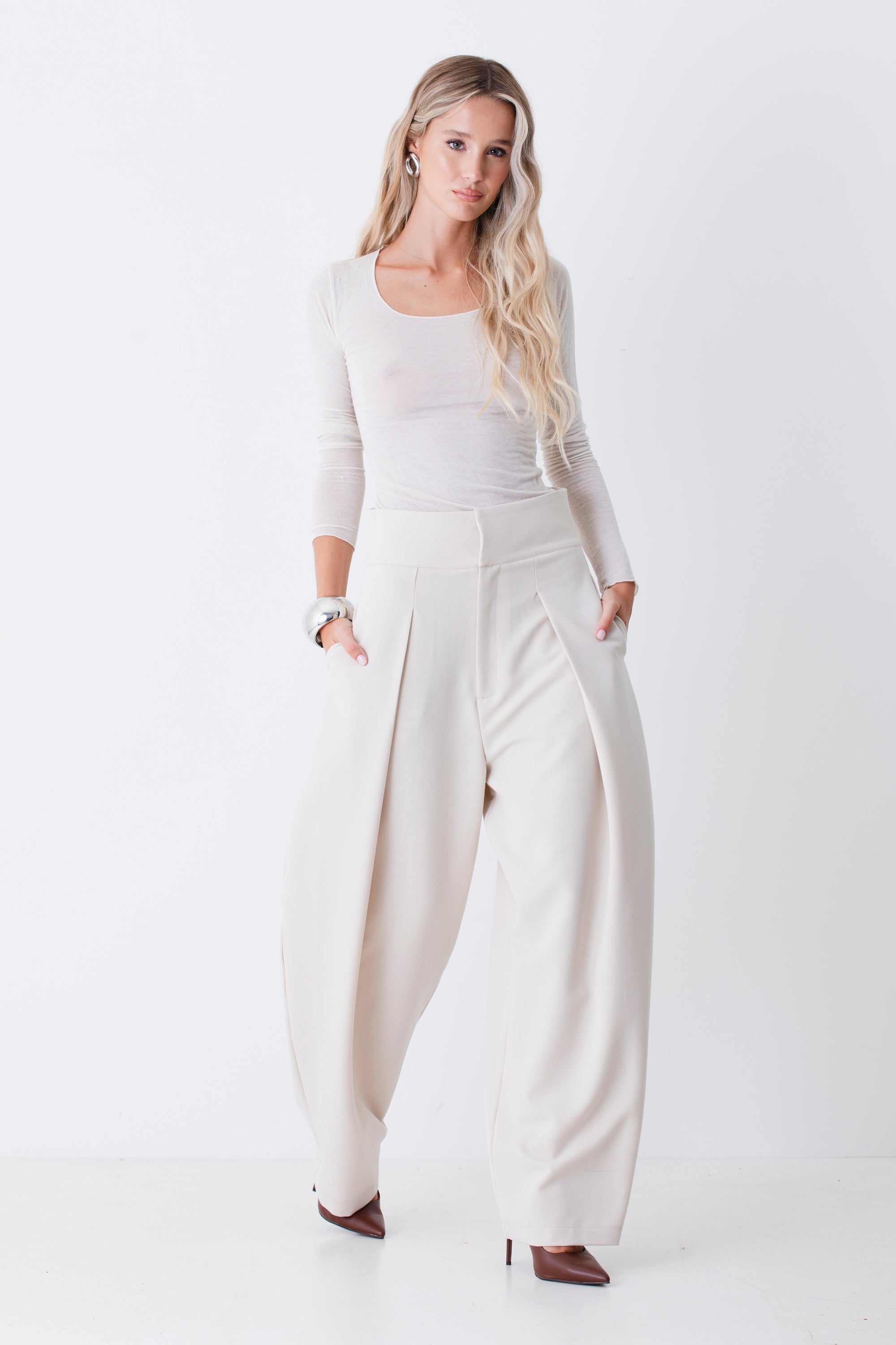 Pantalone barrel fil con pighe in mano lana - FW27