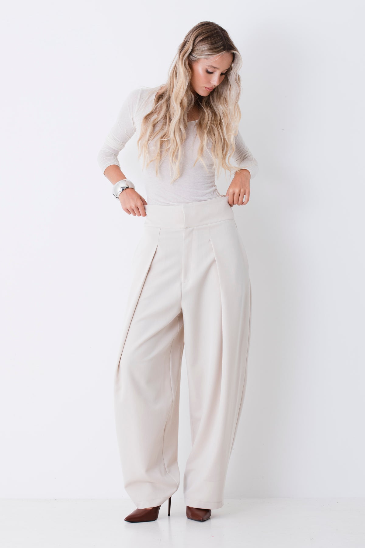 Pantalone barrel fil con pighe in mano lana - FW27