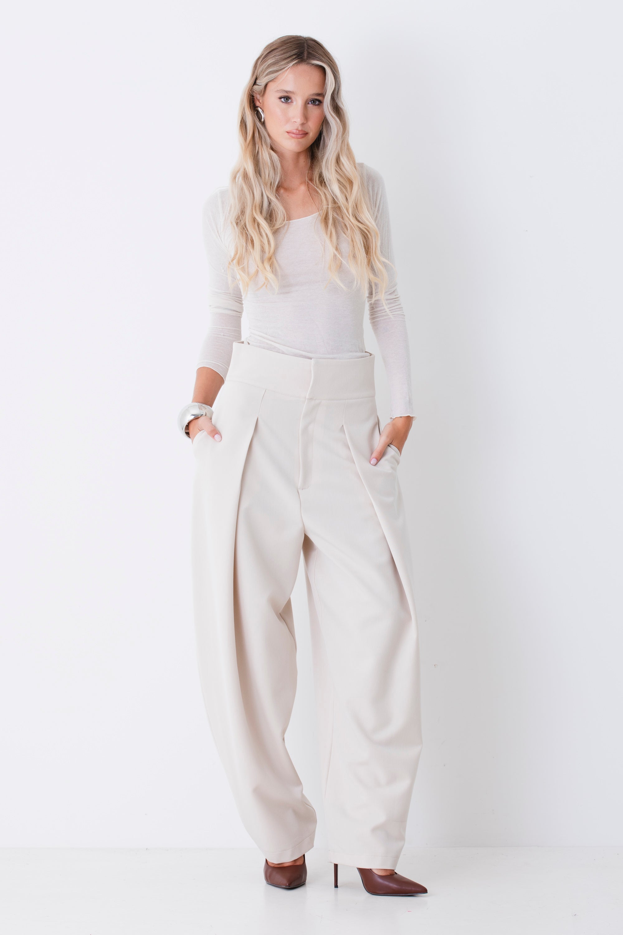 Pantalone barrel fil con pighe in mano lana - FW27