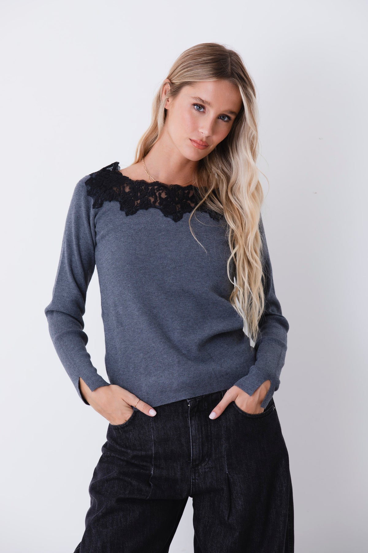Maglia a costine con inserto in pizzo - FW27