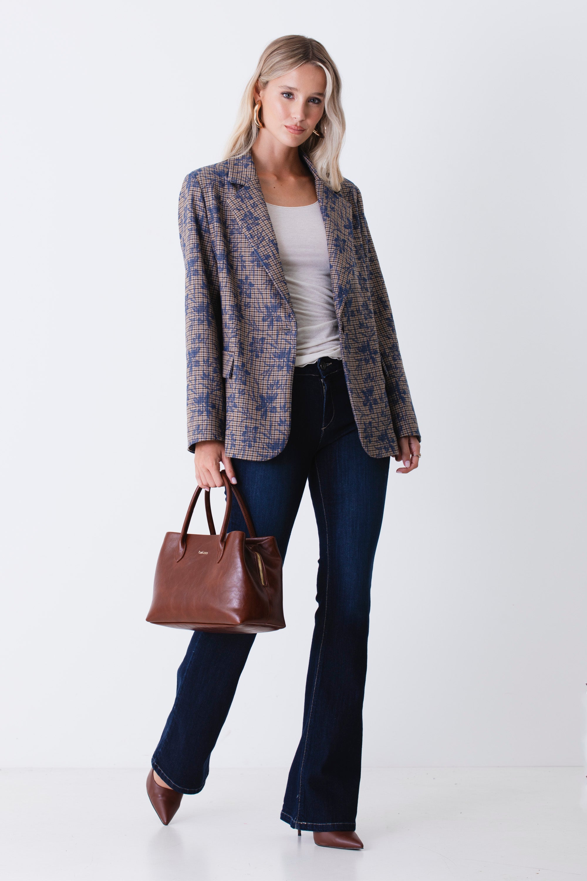 Blazer ad un petto a quadri con ricamo floreale - FW27
