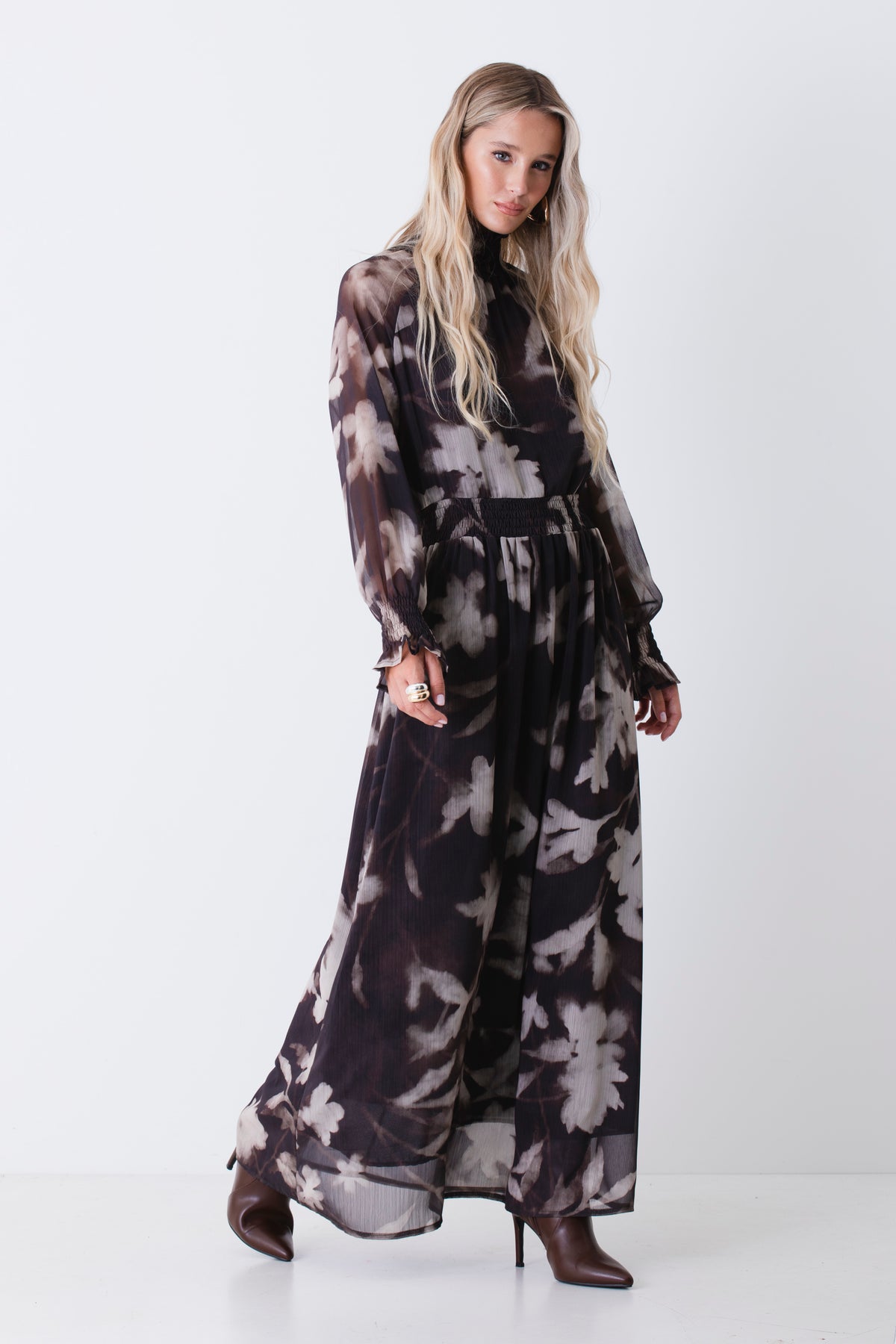 Abito lungo in georgette fantasia floreale sfumata - FW27