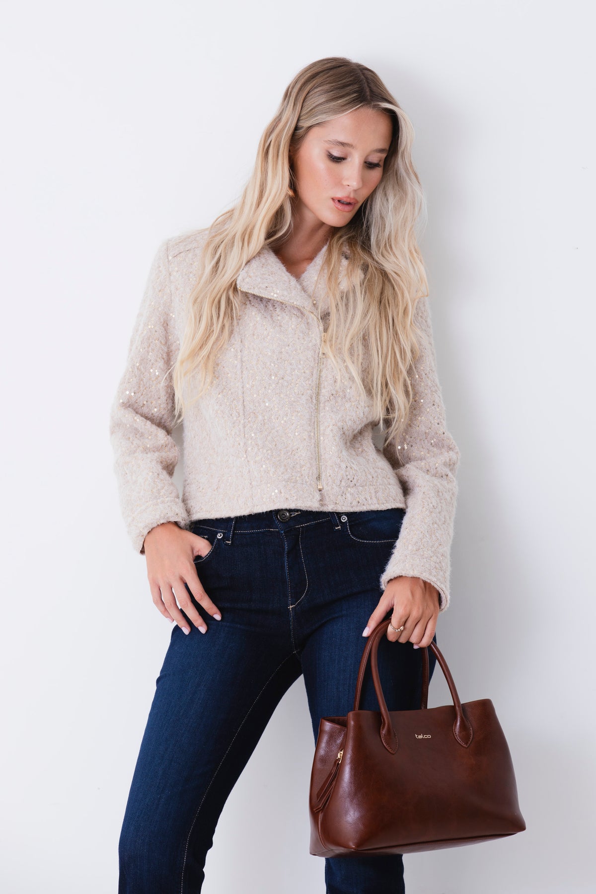 Giacca corta in lana cotta con paillettes e cerniera - FW27