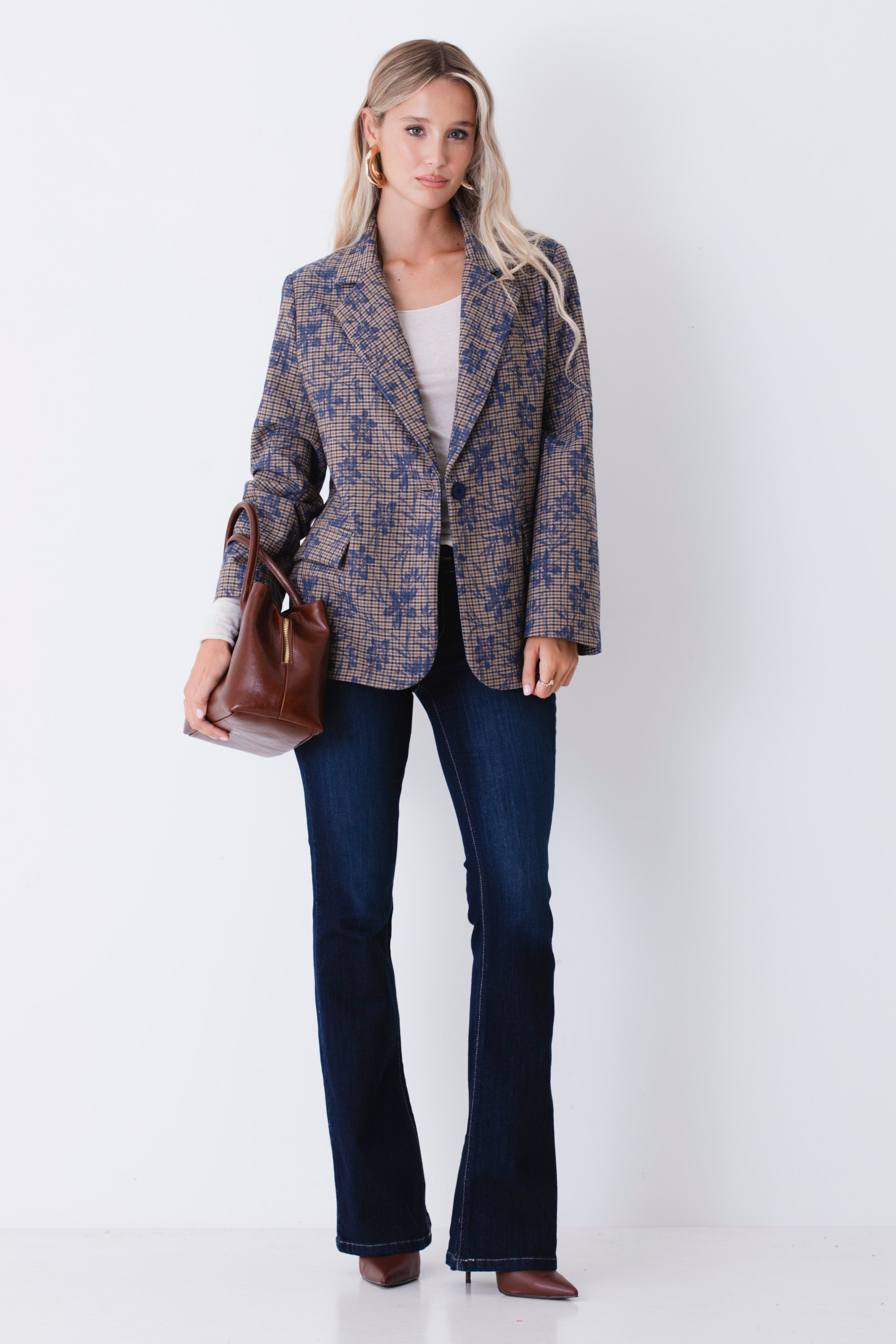 Blazer ad un petto a quadri con ricamo floreale - FW27