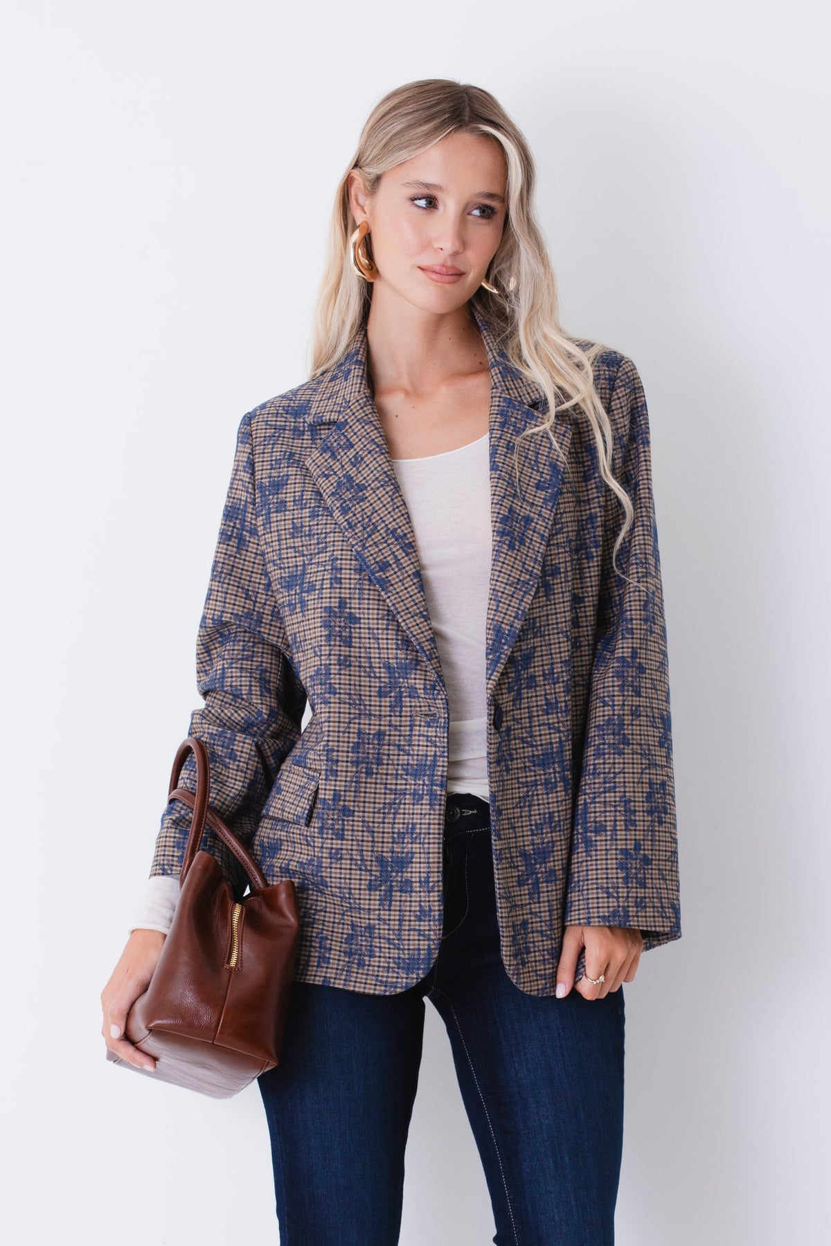 Blazer ad un petto a quadri con ricamo floreale - FW27