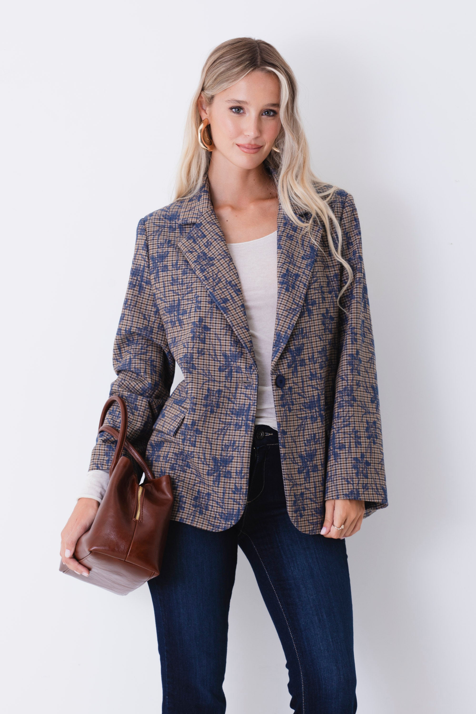 Blazer ad un petto a quadri con ricamo floreale - FW27