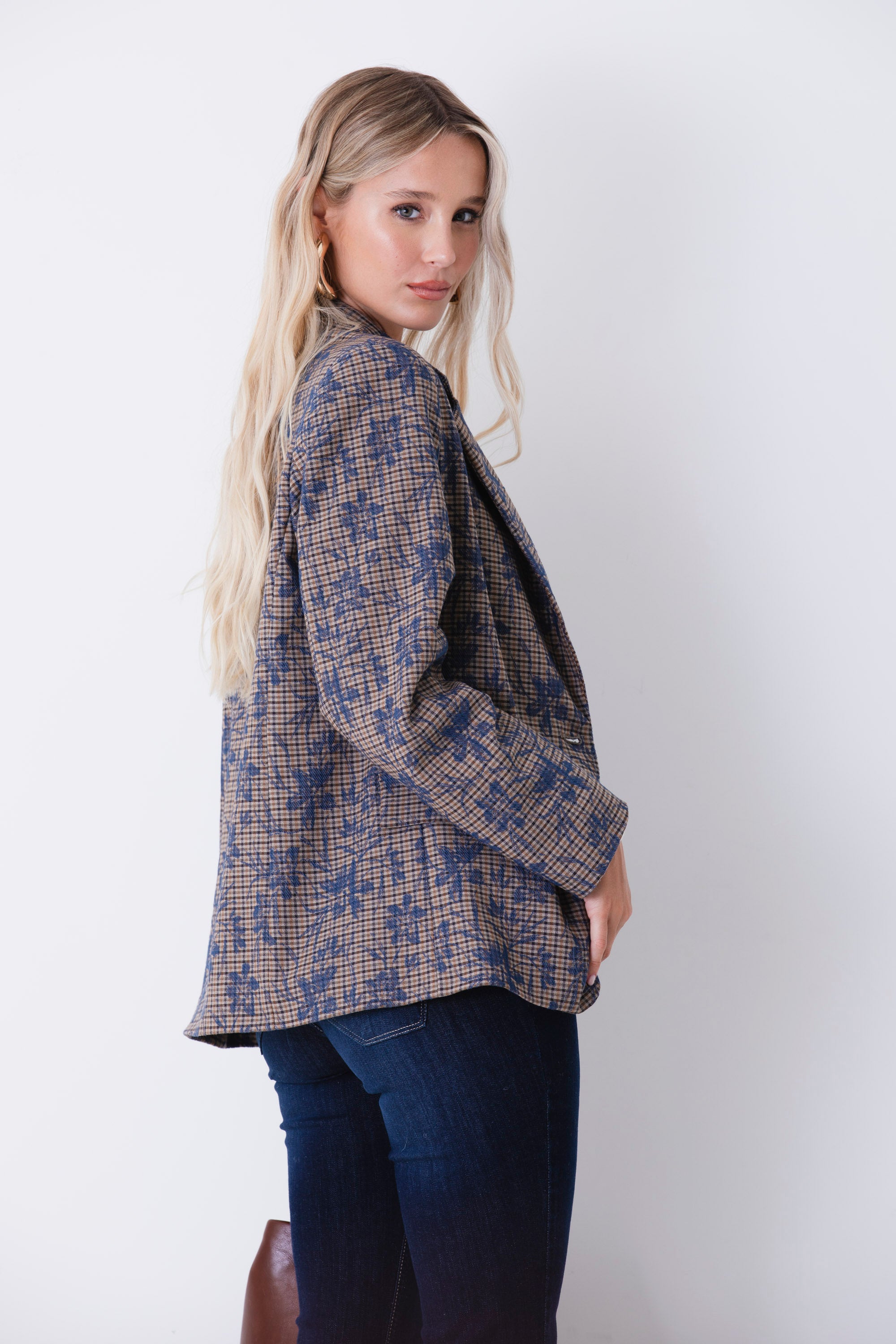 Blazer ad un petto a quadri con ricamo floreale - FW27