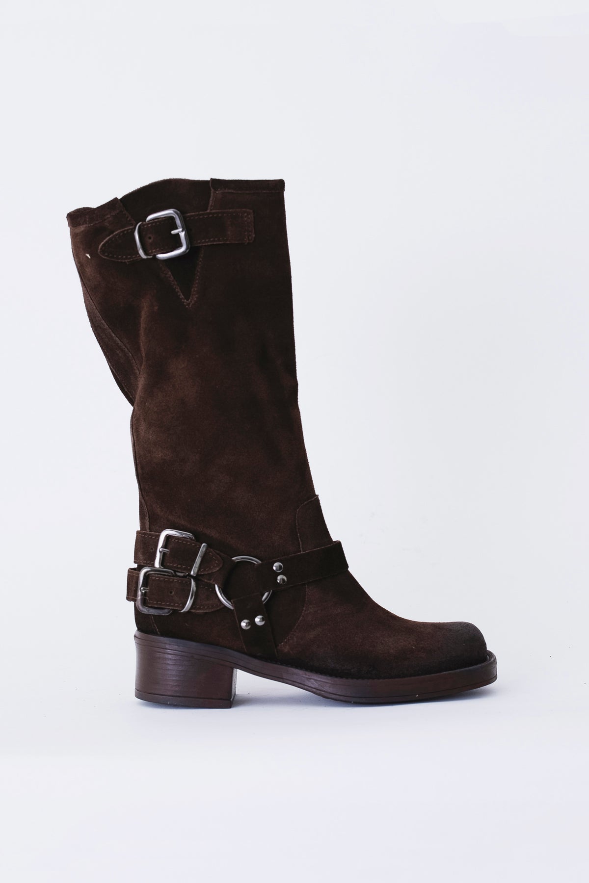 Stivale biker alto in pelle scamosciata con fibbie - FW27