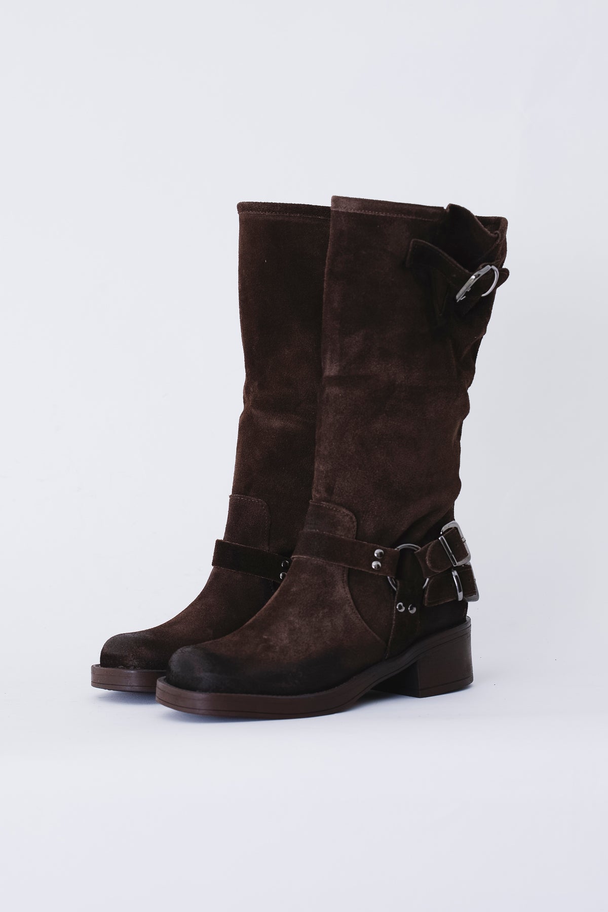 Stivale biker alto in pelle scamosciata con fibbie - FW27