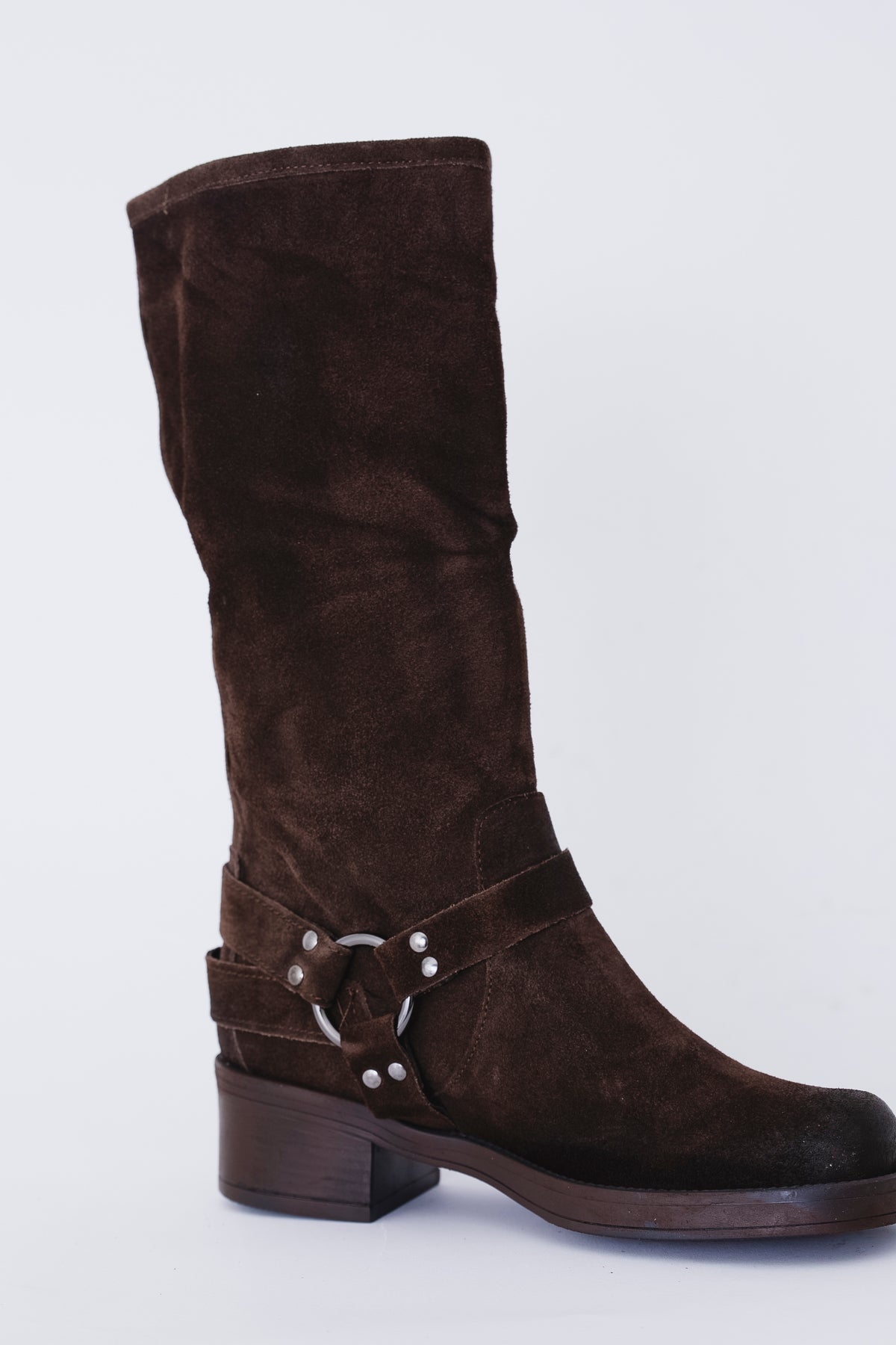 Stivale biker alto in pelle scamosciata con fibbie - FW27