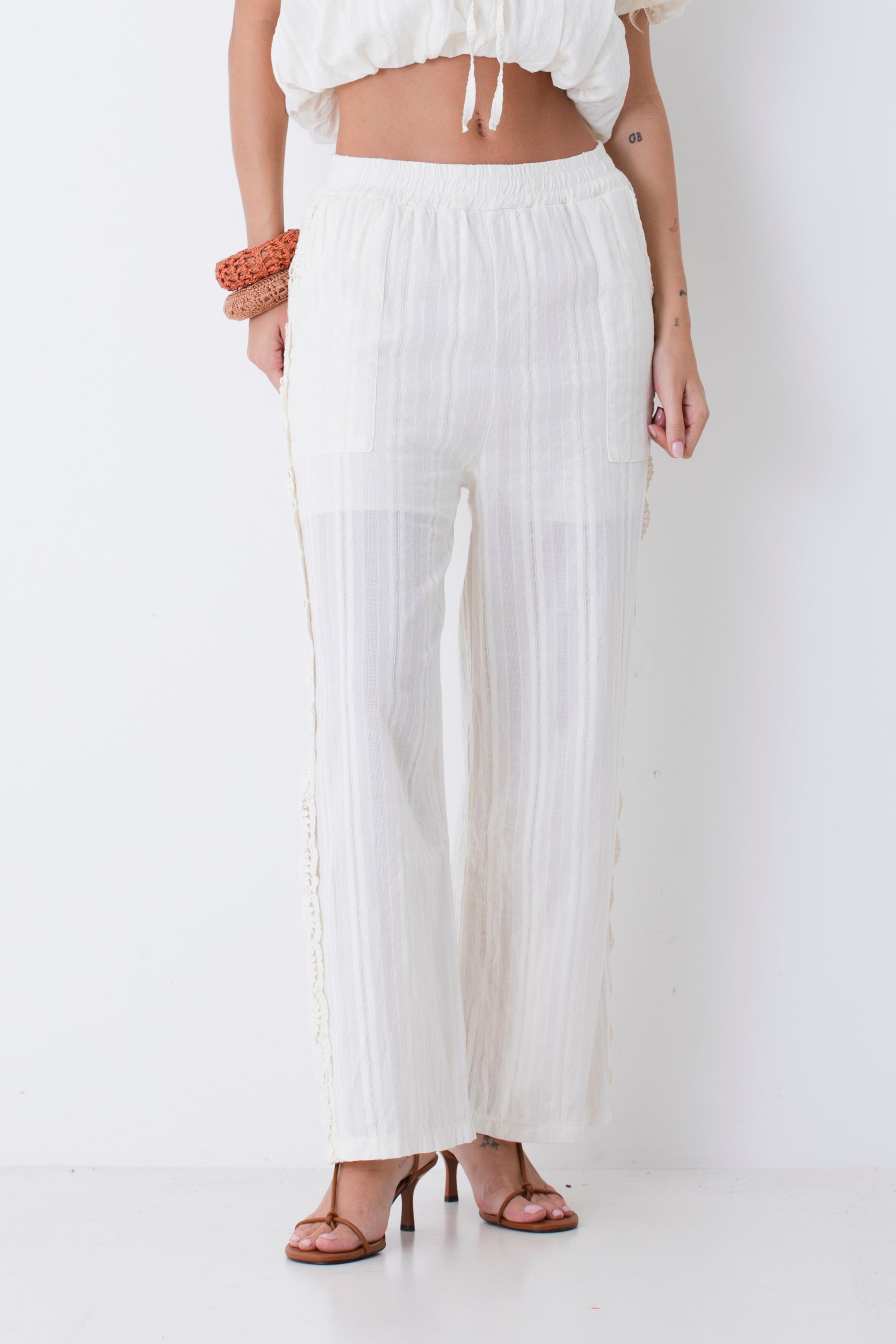 Pantalone palazzo con inserti in pizzo macramè - PE26