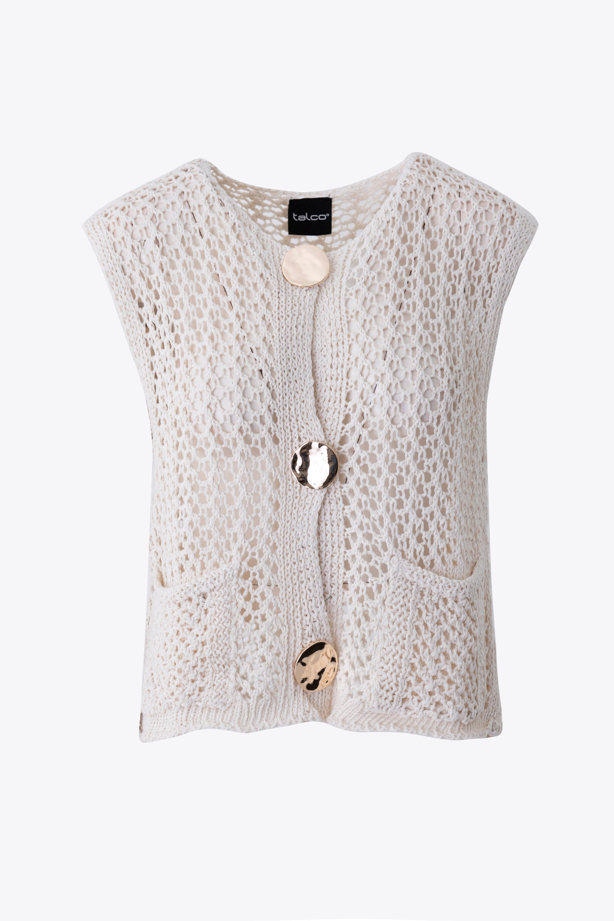 Gilet in maglia crochet con bottoni scultura oro - PE26